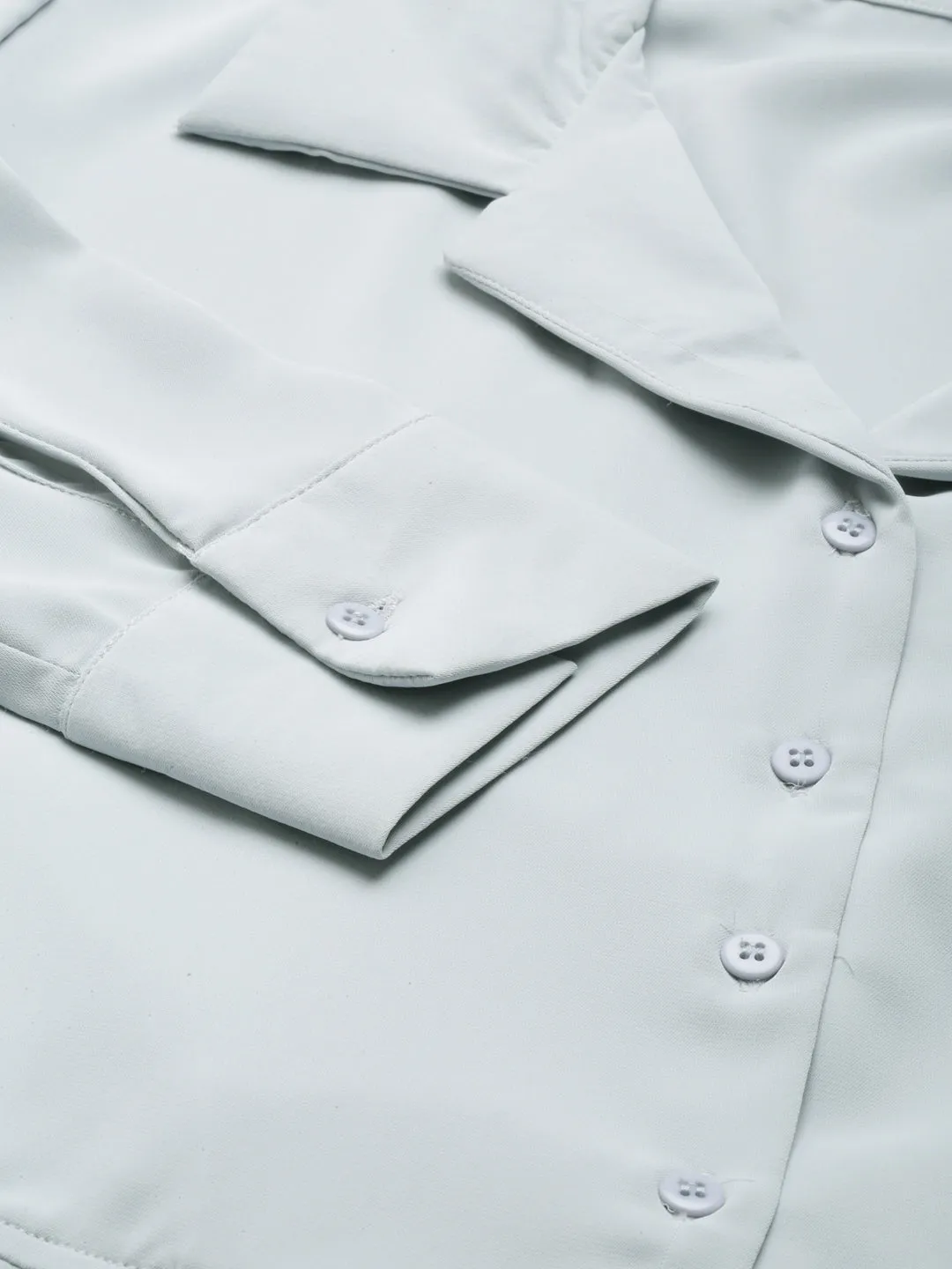 Women's Grey Shirt Collar Cuffed Sleeves Pockets Shirt Style Crop Top Casual Statement