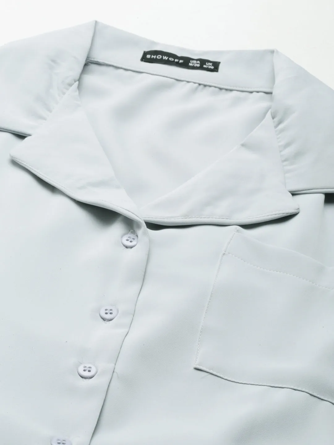 regular but not boring Women's Grey Shirt Collar Cuffed Sleeves Pockets Shirt Style Crop Top