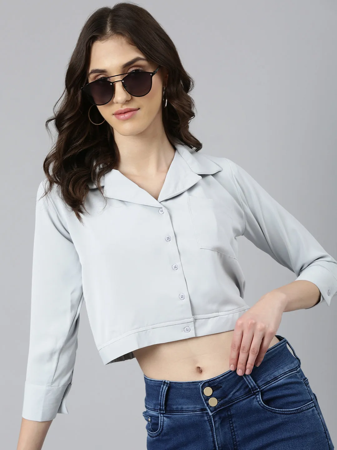 Fashion-Forward Look Women's Grey Shirt Collar Cuffed Sleeves Pockets Shirt Style Crop Top