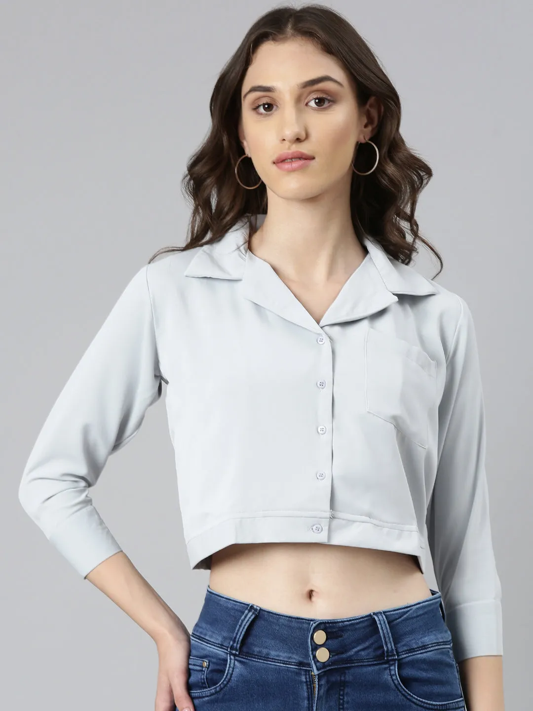 Women's Grey Shirt Collar Cuffed Sleeves Pockets Shirt Style Crop Top Tight Fit Odor Resistant Treatment