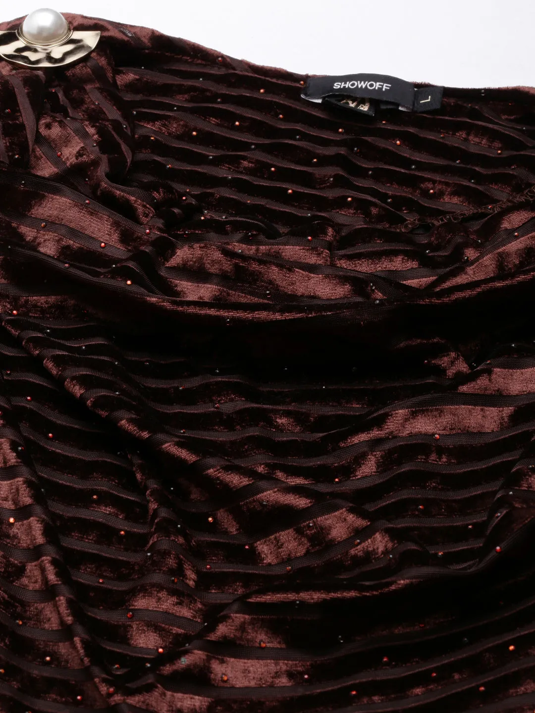 Women's Brown Self Design Cowl Neck Velvet A-Line Dress Lounge Style Polished Motion