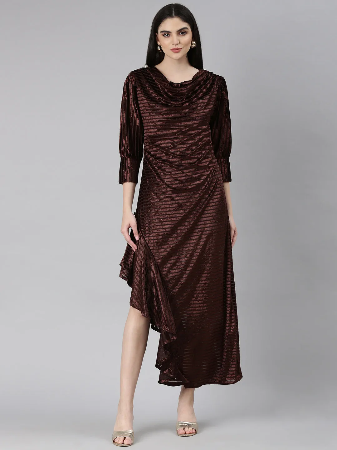 Women's Brown Self Design Cowl Neck Velvet A-Line Dress Ruffle Detail