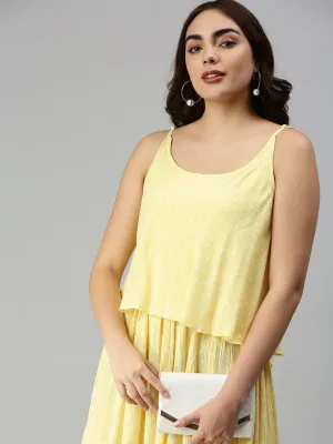 Move Easy Modern Lines Women's Shoulder Straps Self Design Maxi Yellow Dress