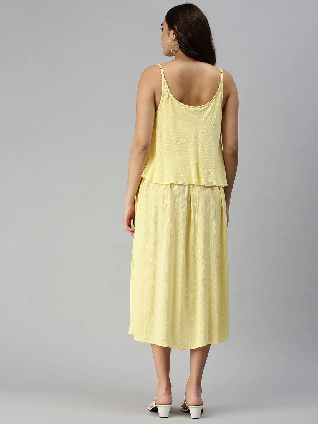 Beauty Feel Women's Shoulder Straps Self Design Maxi Yellow Dress