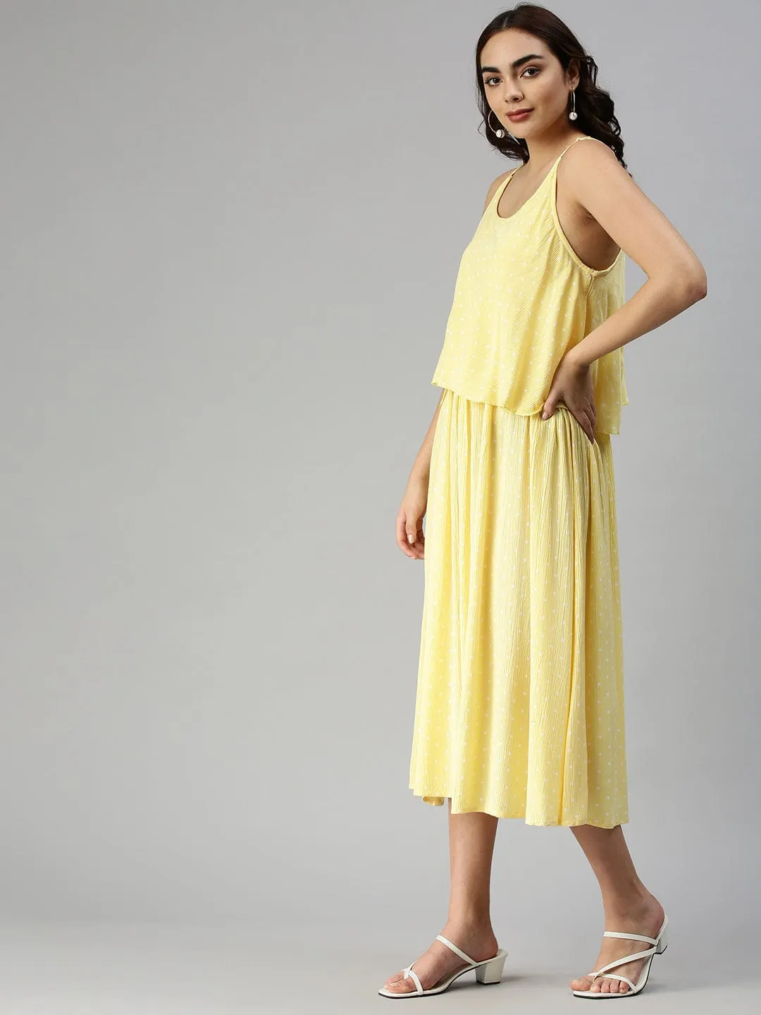 Women's Shoulder Straps Self Design Maxi Yellow Dress Unisex Option plus-size