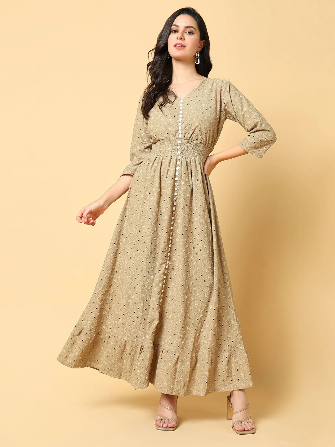 Classic Grace Women's Beige Self Design Fit & Flare Maxi Dress