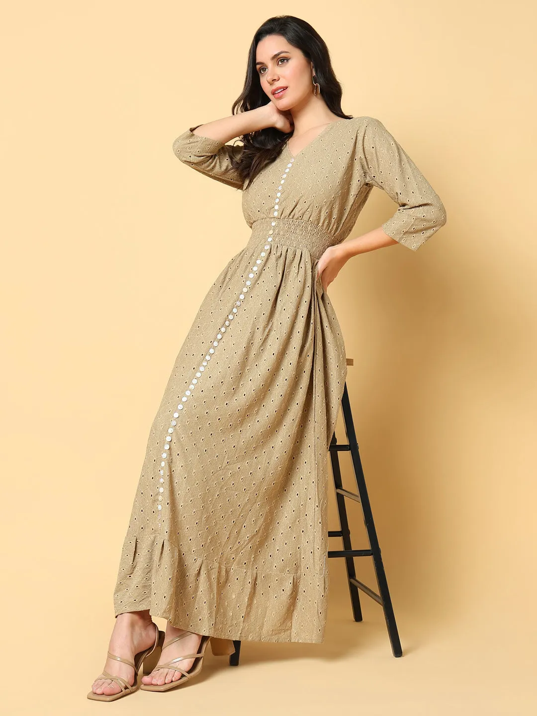 Fashionable Design Women's Beige Self Design Fit & Flare Maxi Dress