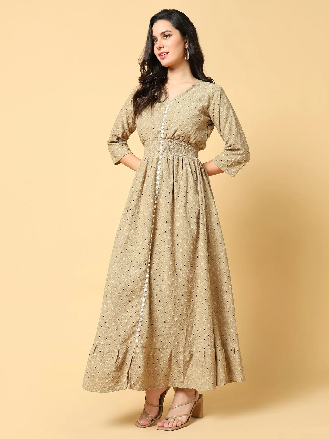Panelled-Design Women's Beige Self Design Fit & Flare Maxi Dress