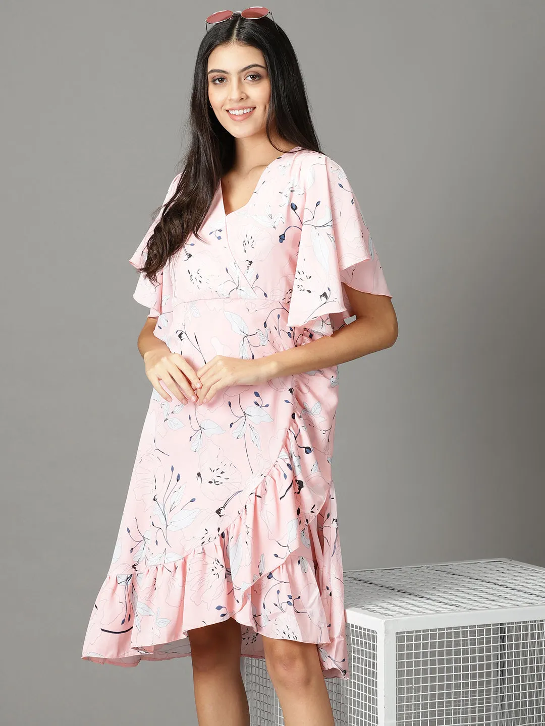 Women's Peach Floral Chiffon Wrap Dress Travel Staple Chic and Flattering