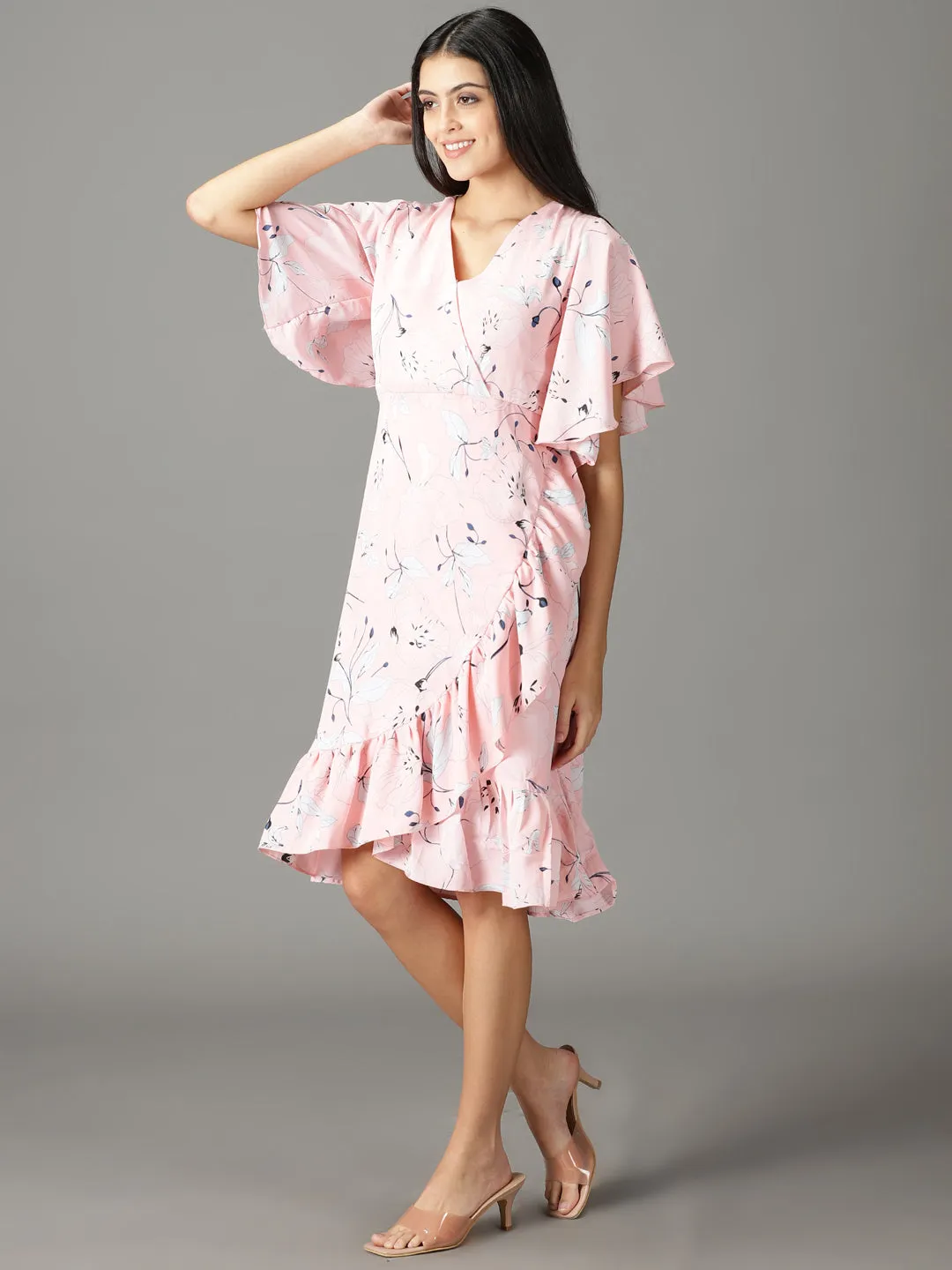 Women's Peach Floral Chiffon Wrap Dress Classic Flow