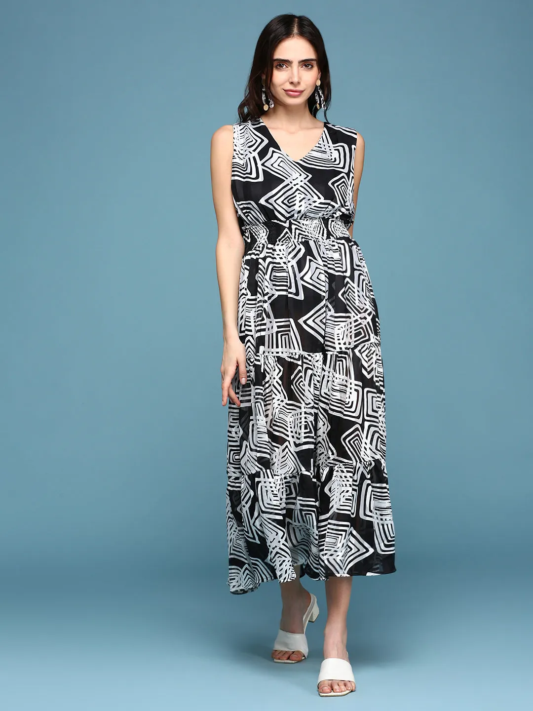 Women's Black Floral Chiffon A-Line Midi Dress Fitted Shape Square-Neck