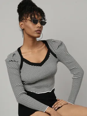 Circular Knit Construction All-day Comfort Women's Black Striped Sweetheart Neck Puff Sleeve Monochrome Crop Top