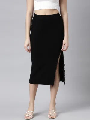 Opaque Lining Women's Black Straight Monochrome Knitted Midi Skirts