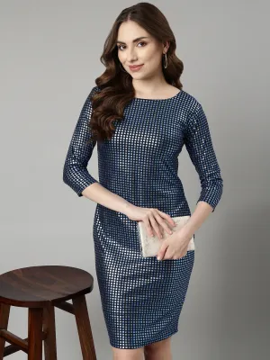 Women's Blue Embellished Round Neck Knee Length Bodycon Dress Flawless Waist Fit Timeless Soft