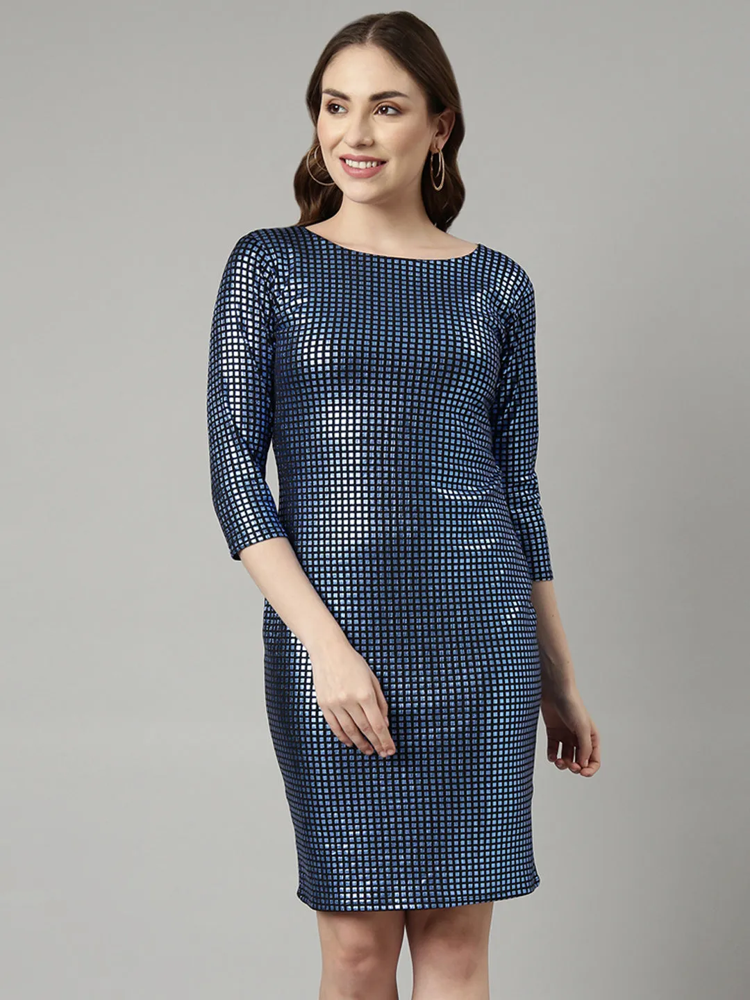 Women's Blue Embellished Round Neck Knee Length Bodycon Dress Sophisticated Vibe Style Ease