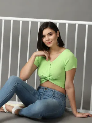 All-Season Wear Layer Ready Women's Green Twisted Crop Top