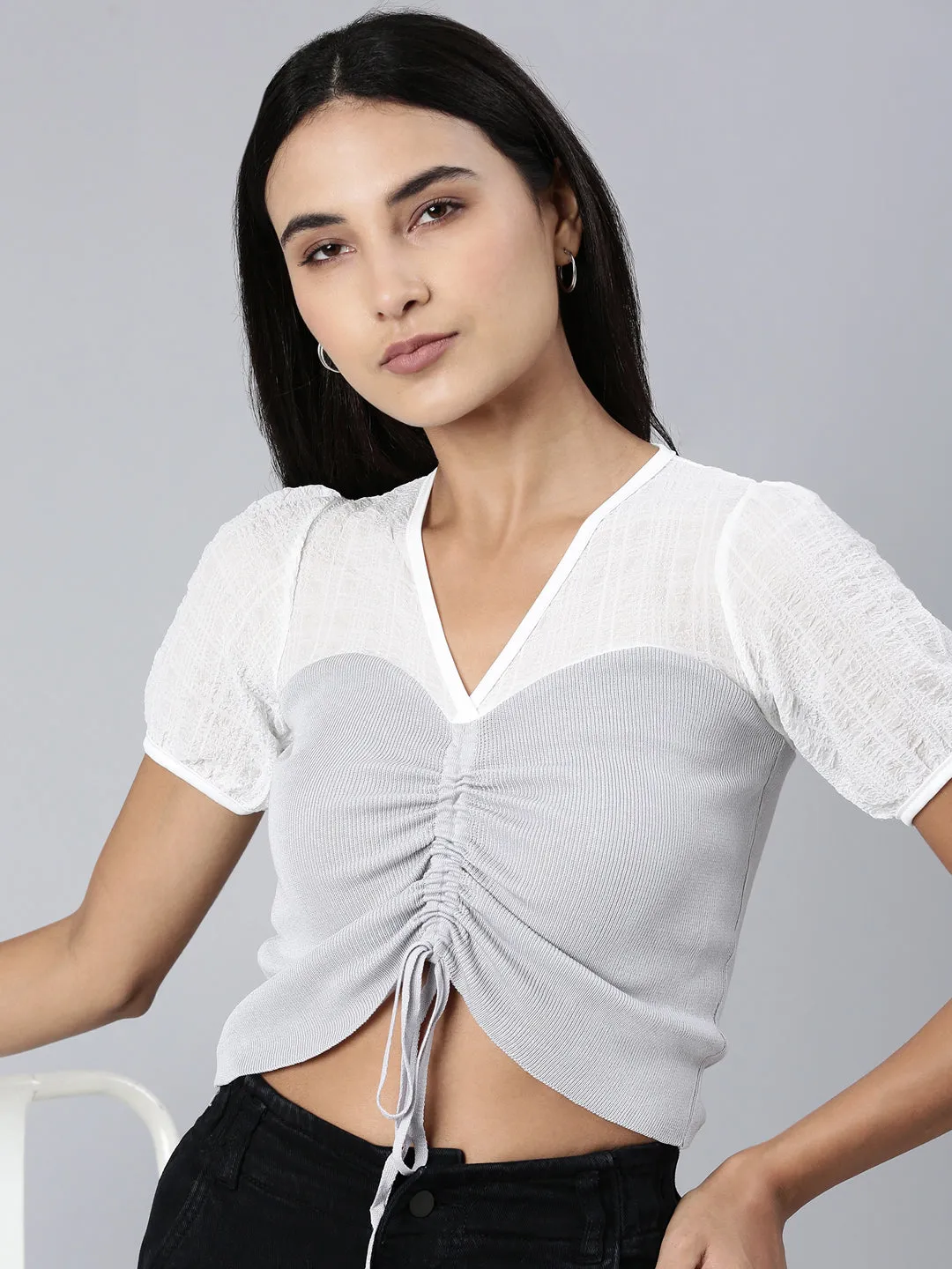 Women's Grey Colour blocked V-Neck Puff Sleeve Acrylic Crop Top UltraSoftBrushedInterior