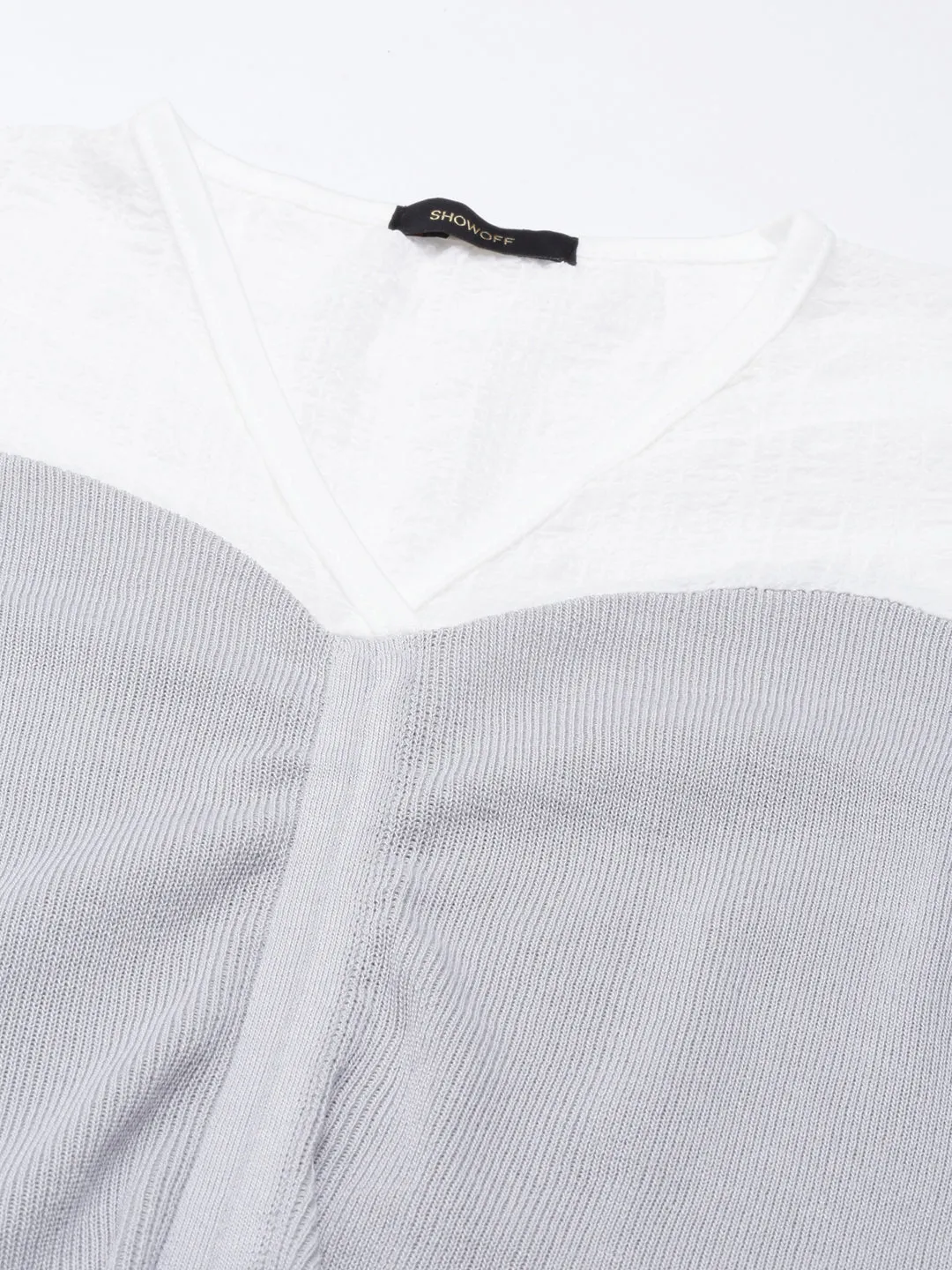 Women's Grey Colour blocked V-Neck Puff Sleeve Acrylic Crop Top Cozy Flex