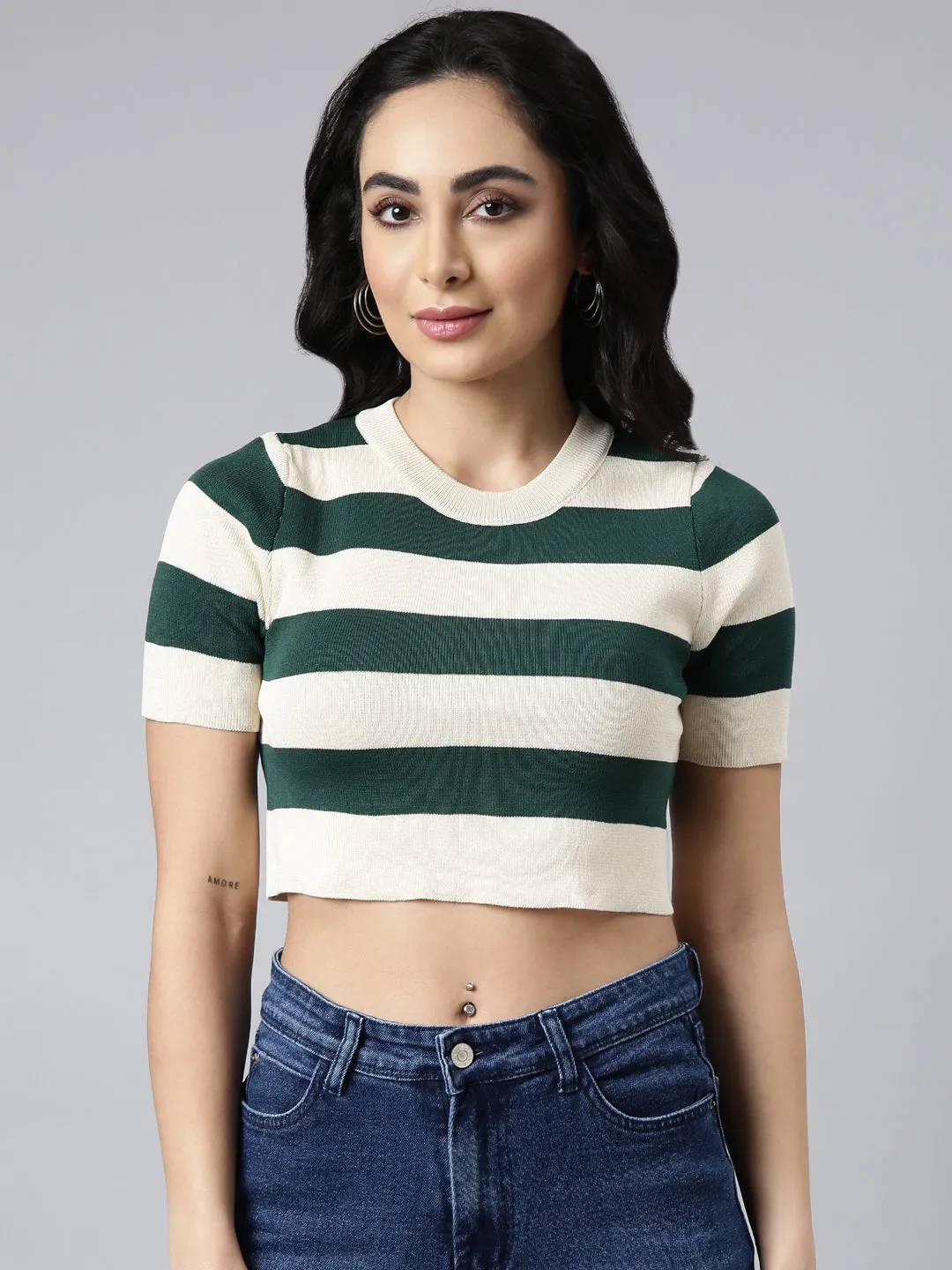 Women's Green Horizontal Stripes Fitted Crop Top EcoFriendlyMaterial
