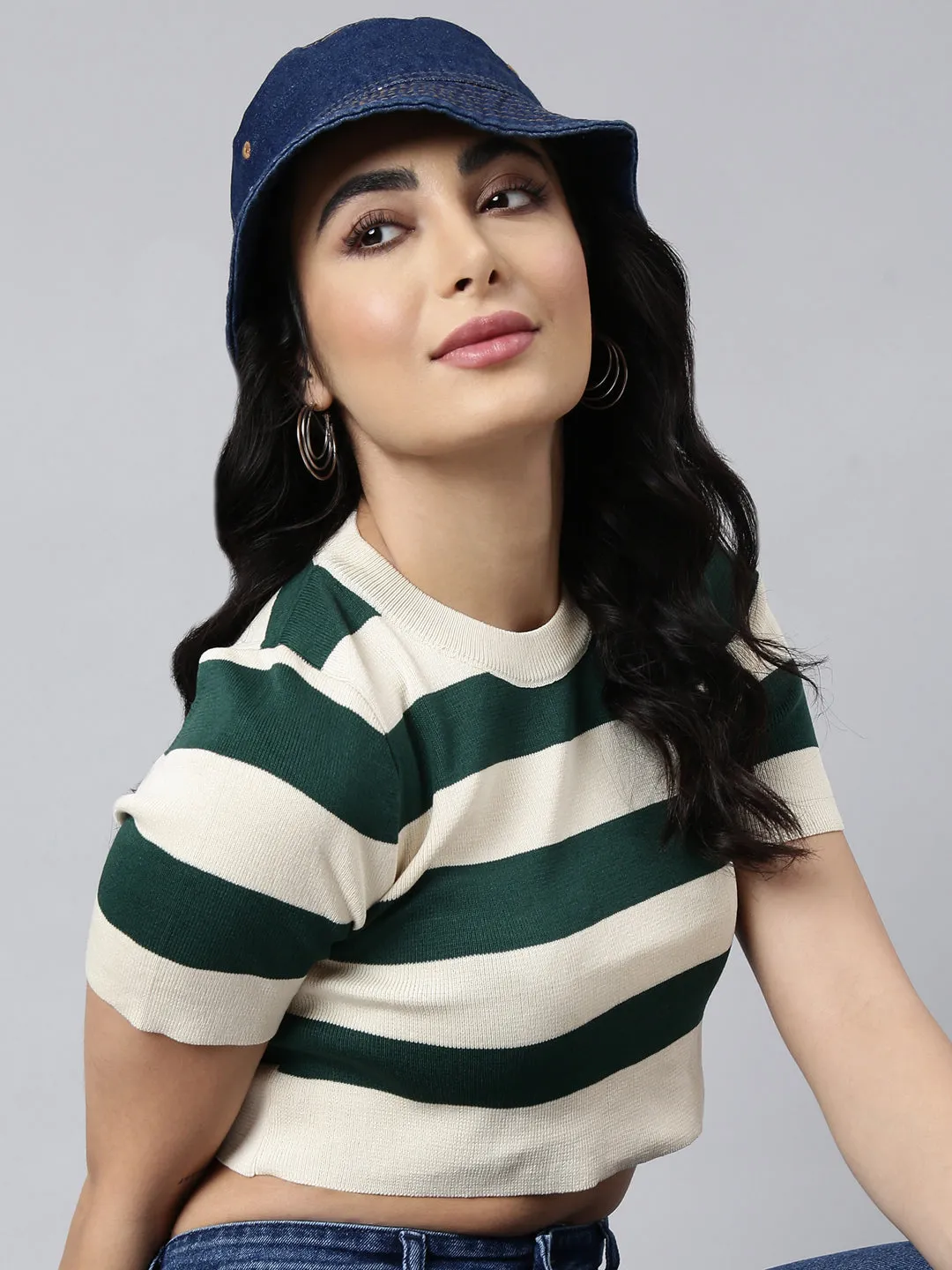 Women's Green Horizontal Stripes Fitted Crop Top Low carbon footprint Bright Color