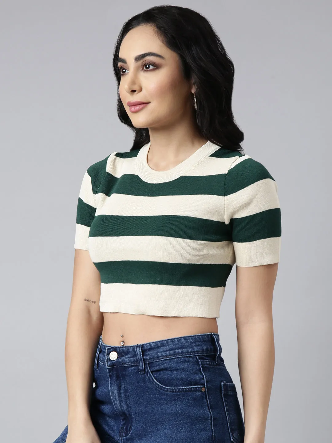 Comfy Stretch Fit Classic Trend Look Women's Green Horizontal Stripes Fitted Crop Top
