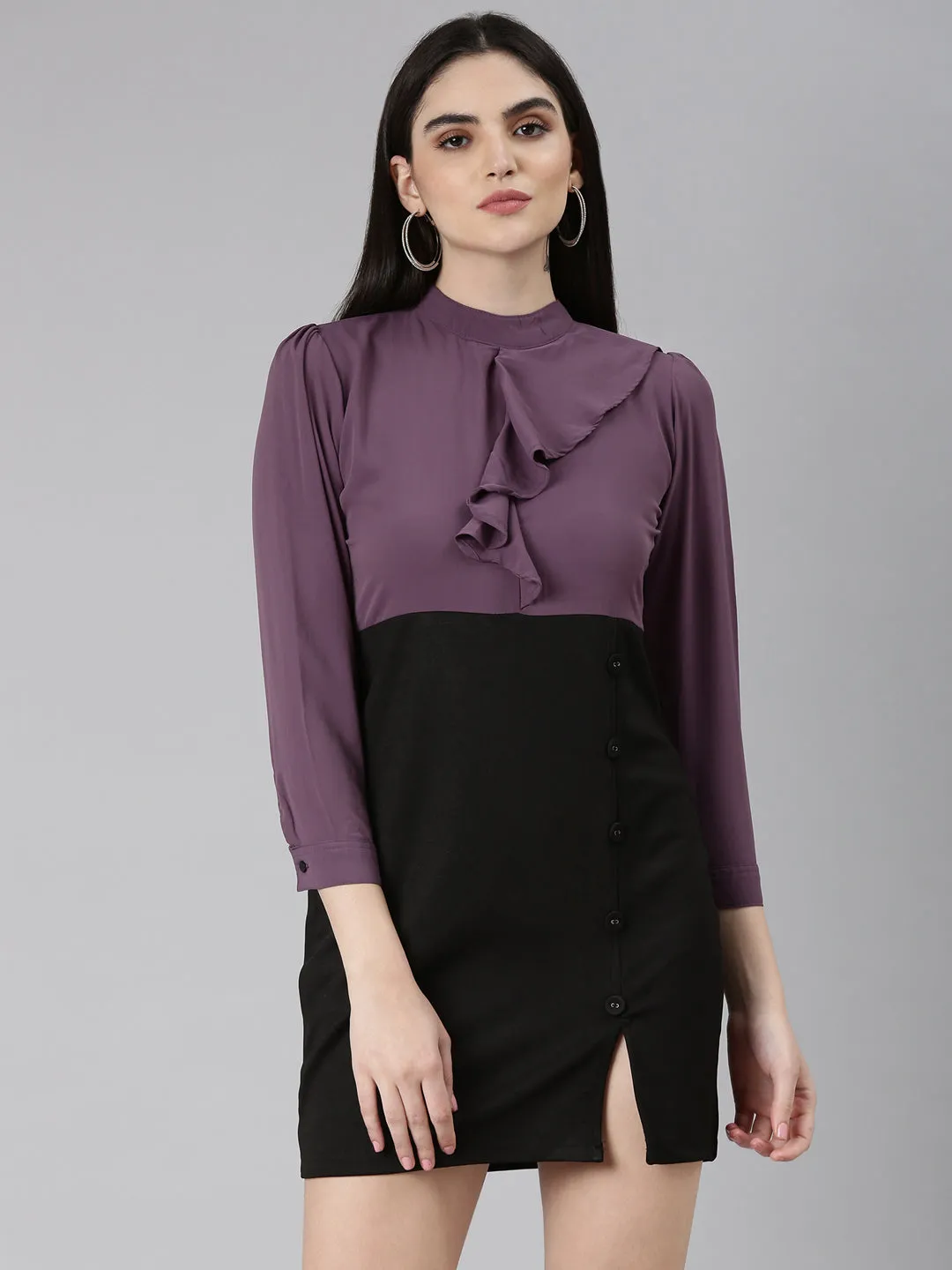 Women's Purple Ruffled Crepe A-Line Dress Urban Drape Modern and Feminine