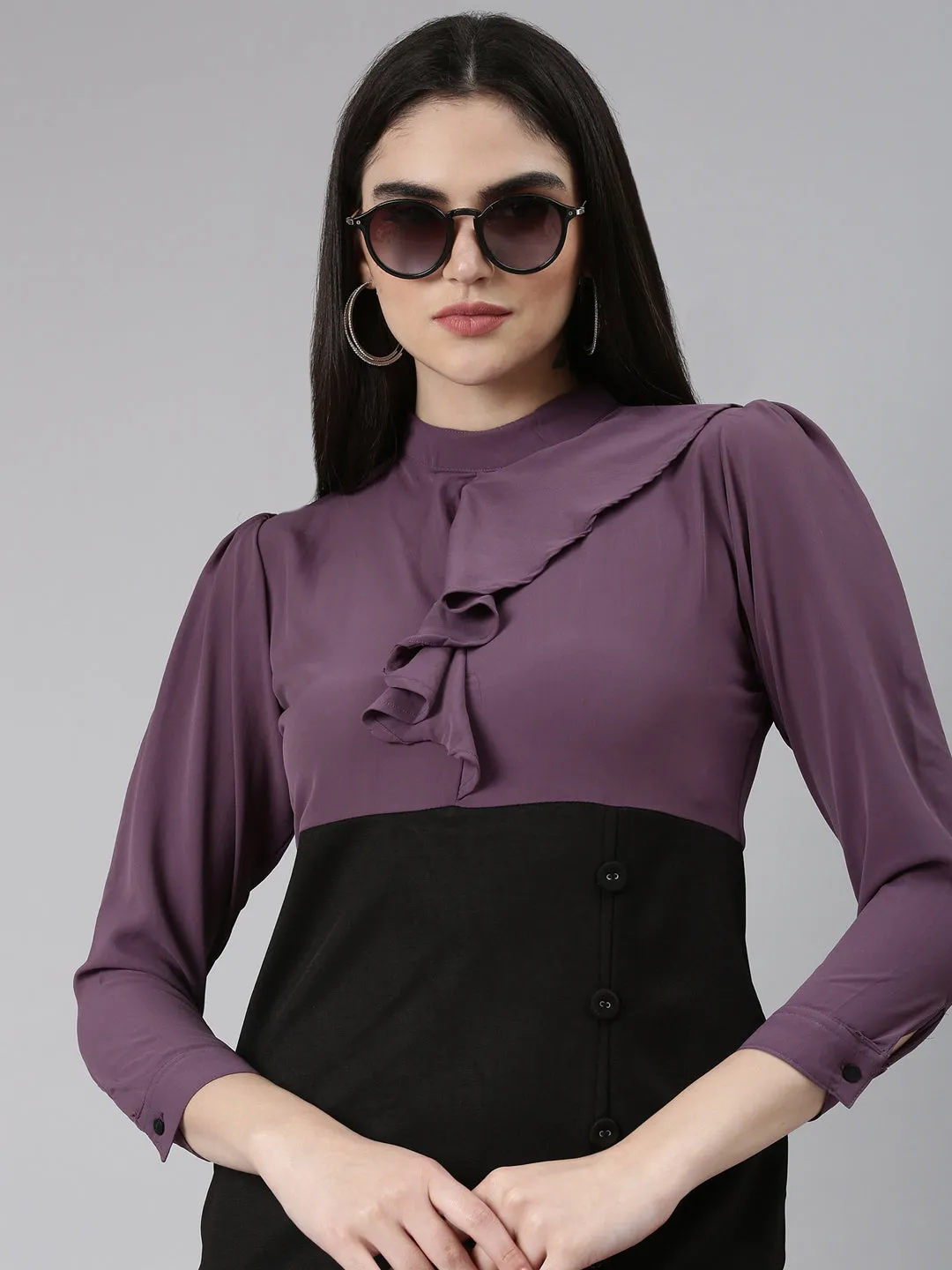 Fit Base Women's Purple Ruffled Crepe A-Line Dress