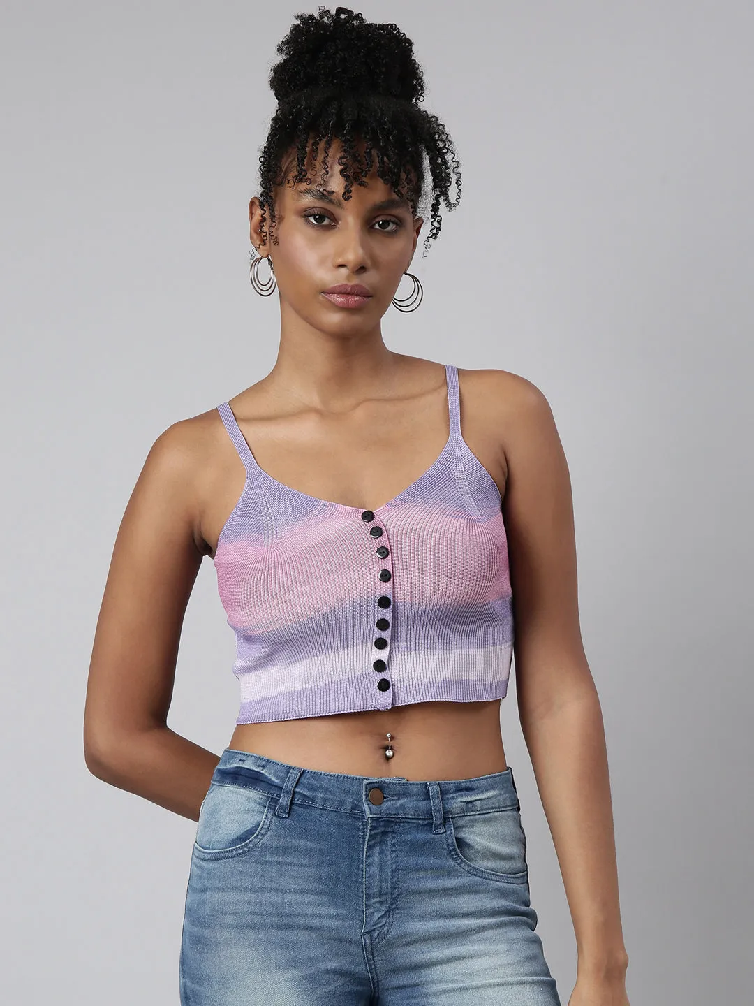 Women's Lavender Striped Fitted Shoulder Straps Crop Top Comfort Stretch