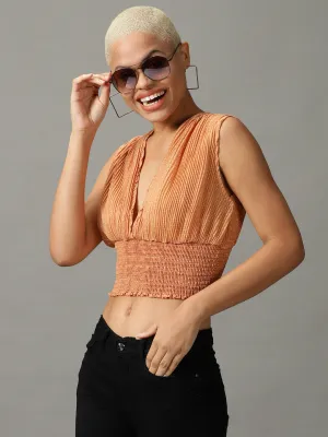 Women's Tan Print Georgette Blouson Top AntiStatic Properties