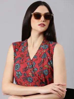 Modern Comfort Women's Fuchsia Floral Printed V-Neck Sleeveless Wrap Dress With Belted