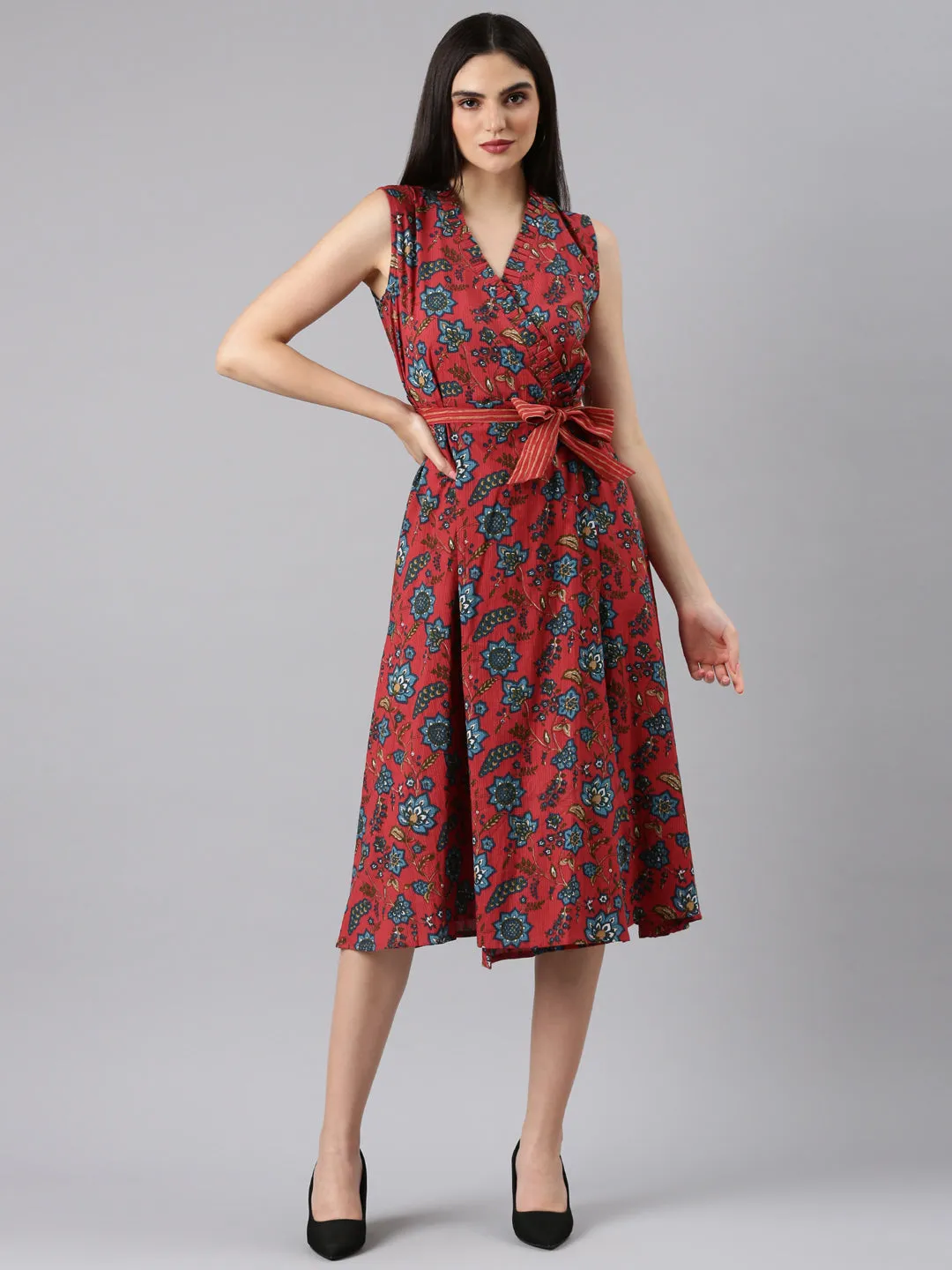Women's Fuchsia Floral Printed V-Neck Sleeveless Wrap Dress With Belted Noble Glow Bow Soft