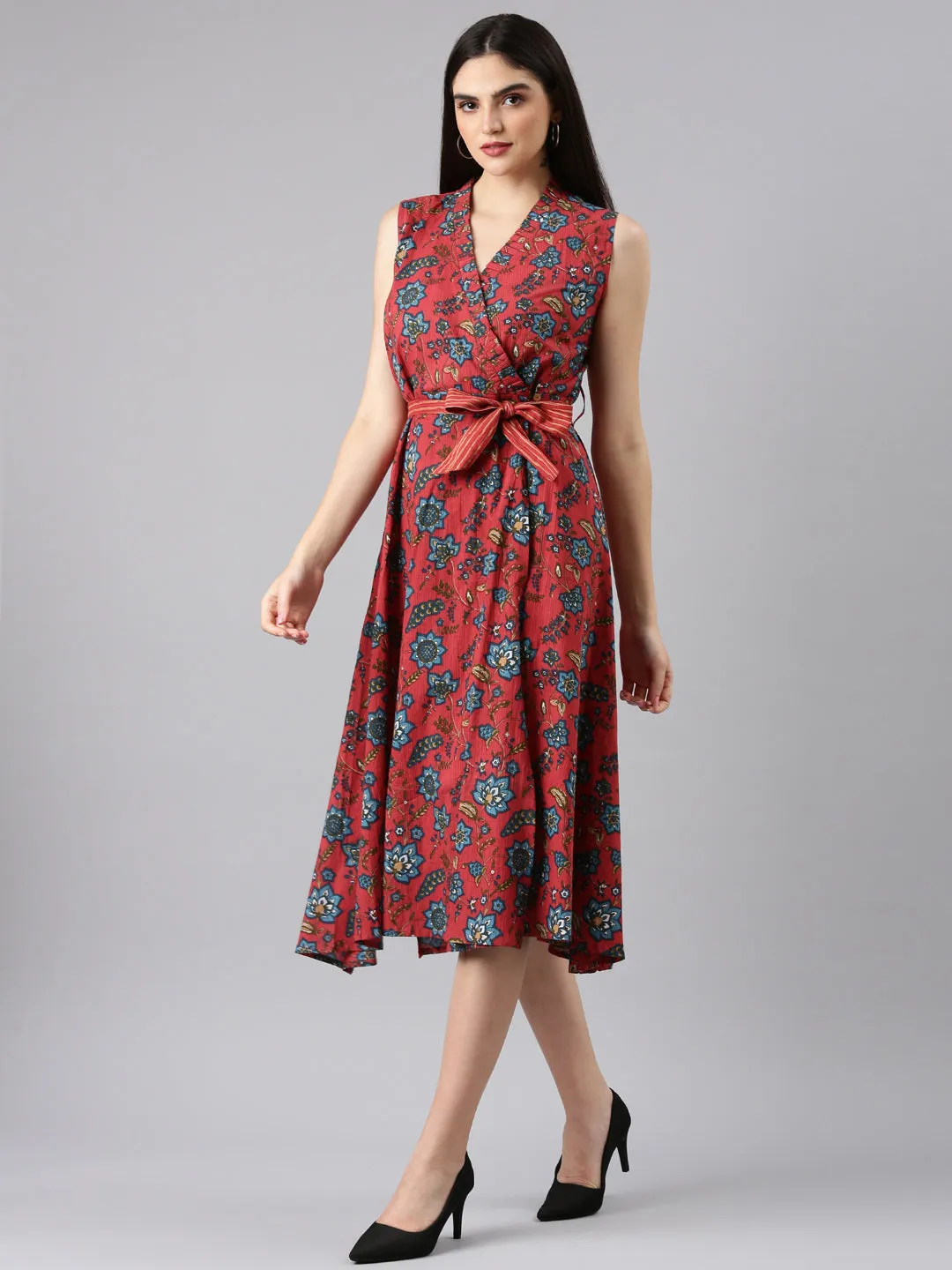 Stylish Waistband Women's Fuchsia Floral Printed V-Neck Sleeveless Wrap Dress With Belted