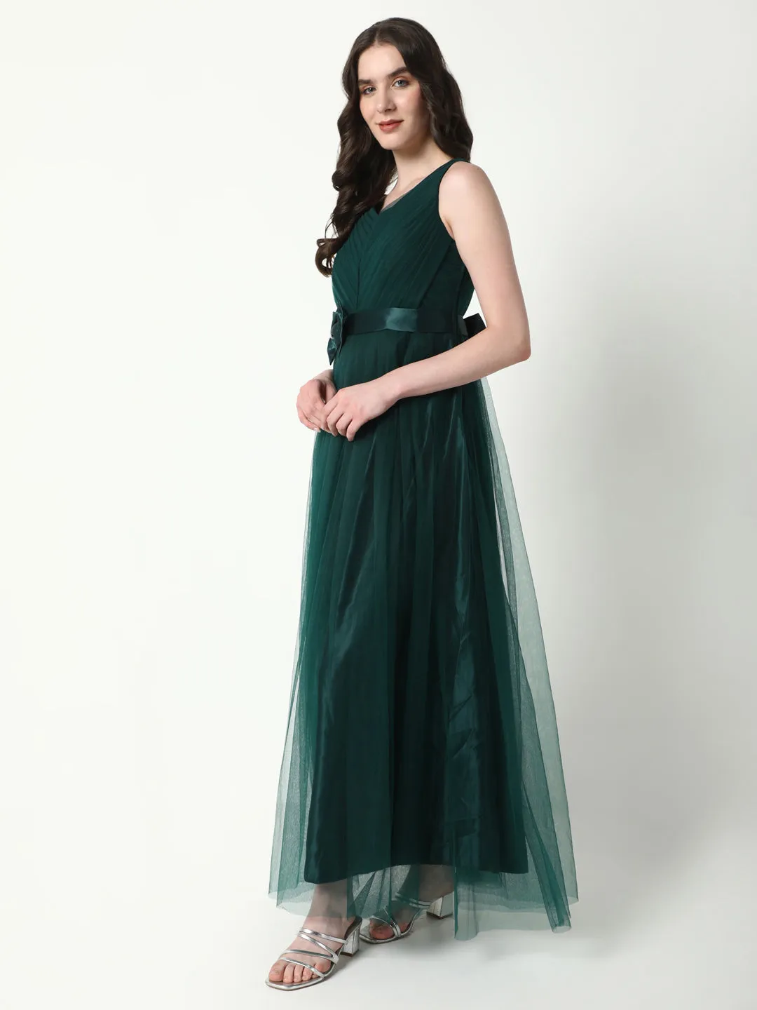 Women's Solid Green Gown Dress Anniversary-Event Feminine empire waist dress