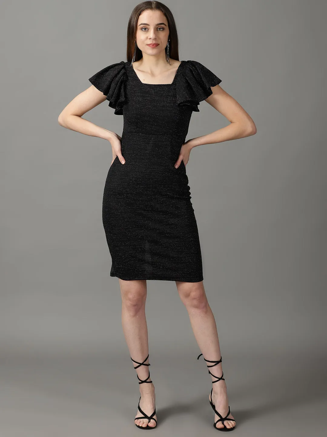 Women's Black Embellished Square Neck Bodycon Dress Hand-Wash Playful Twist