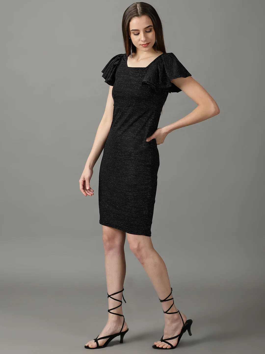 Light Comfort Square Neck Women's Black Embellished Square Neck Bodycon Dress