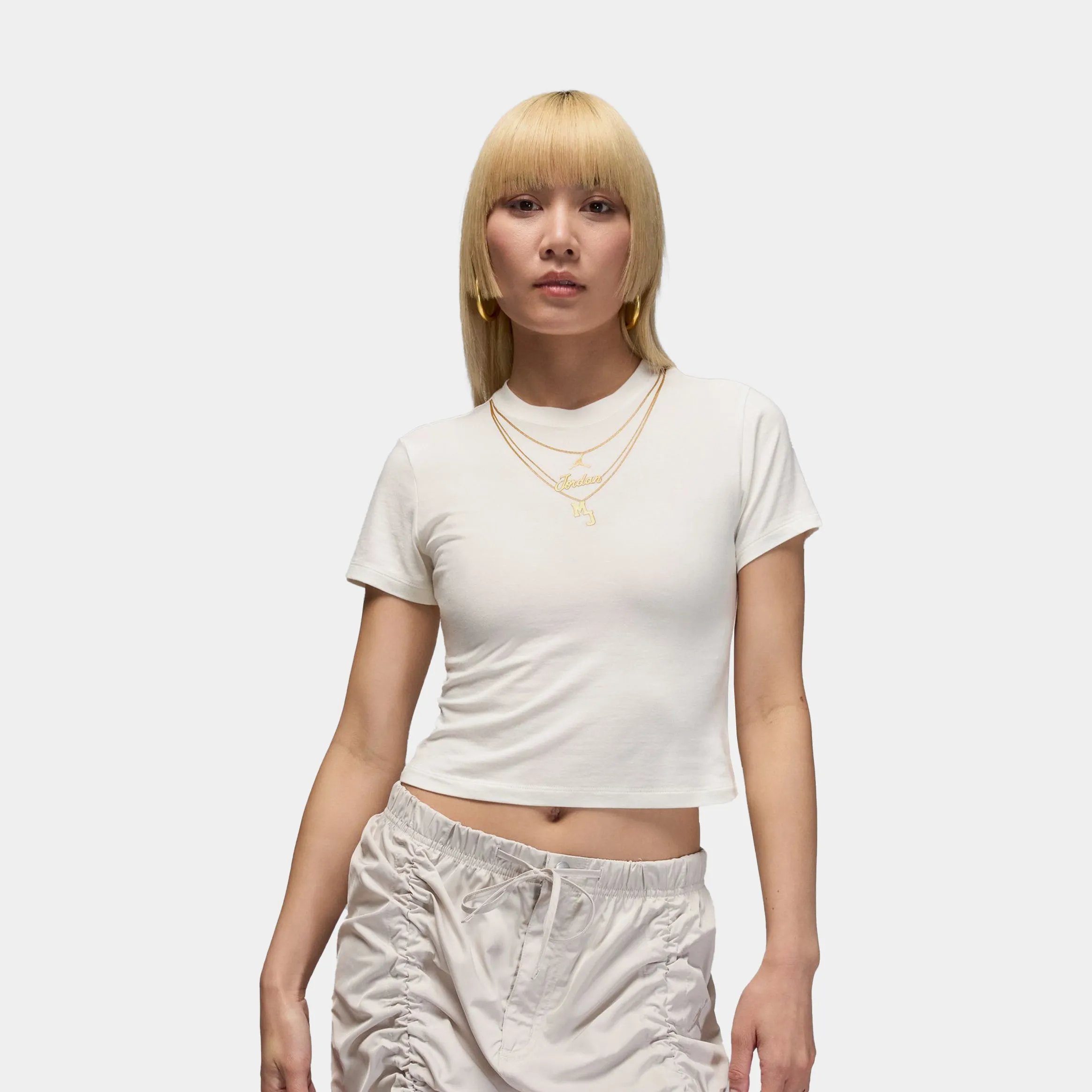 MJ Necklace Graphic Womens Short Sleeve Shirt (White/Gold) WrinkleResistant Finish