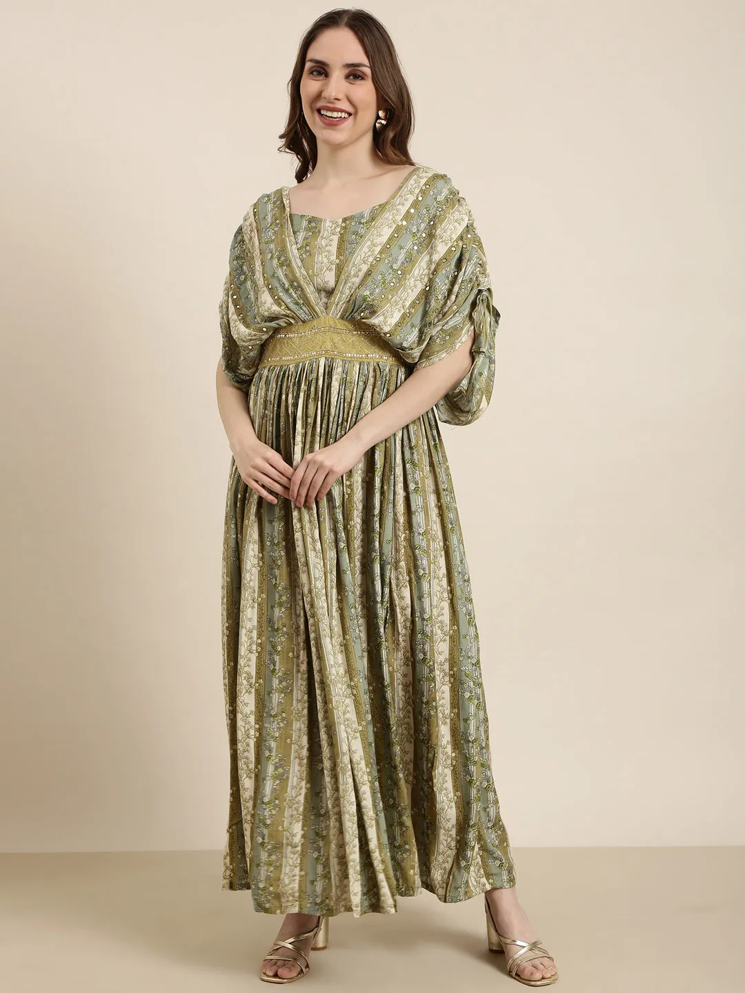 Women's Green Floral Print Cape Sleeve Fit & Flare Dress Pure Elegance Charming Design