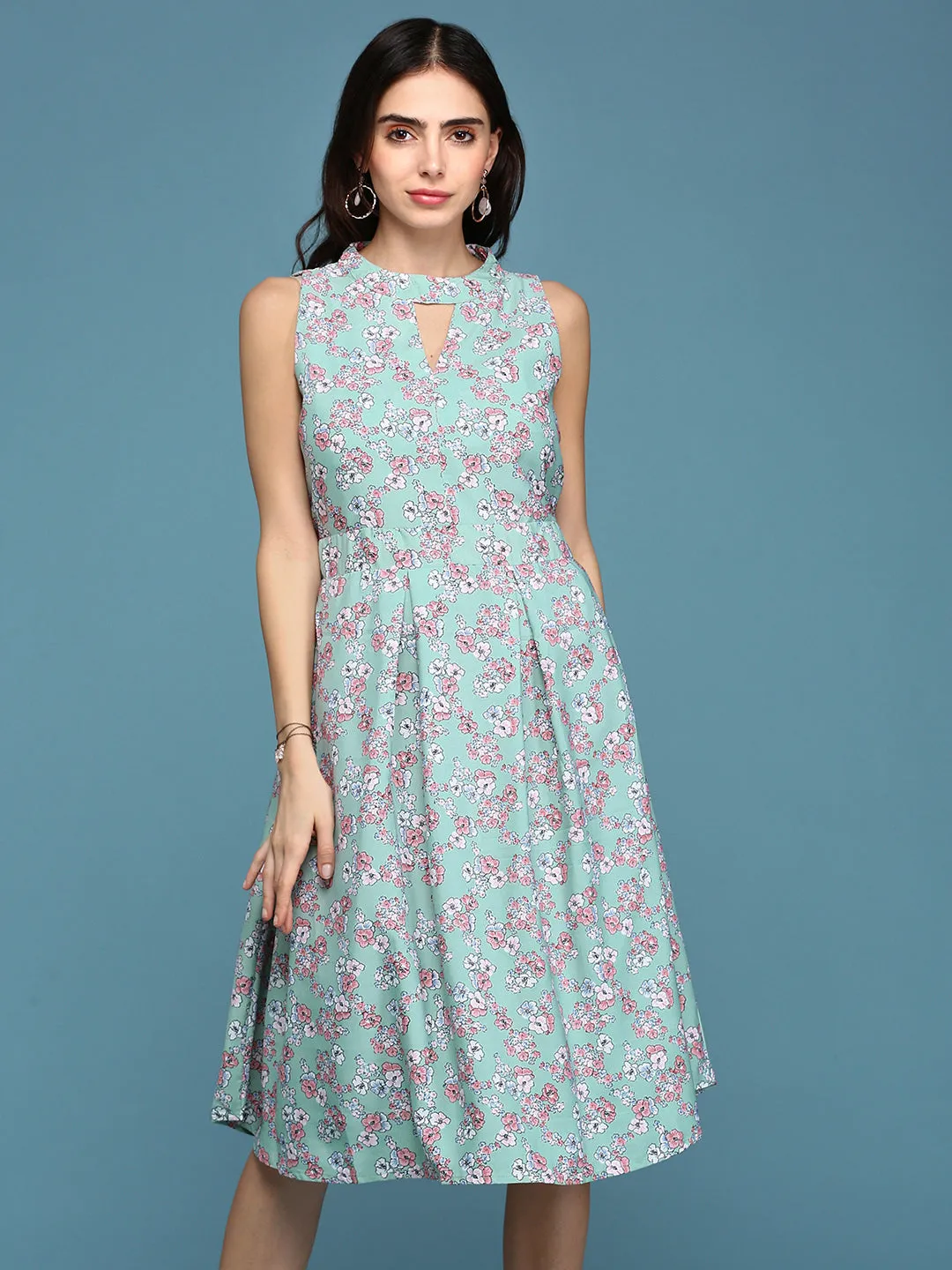 Women's Sea Green Floral Keyhole Neck A-Line Dress Cozy Vibe