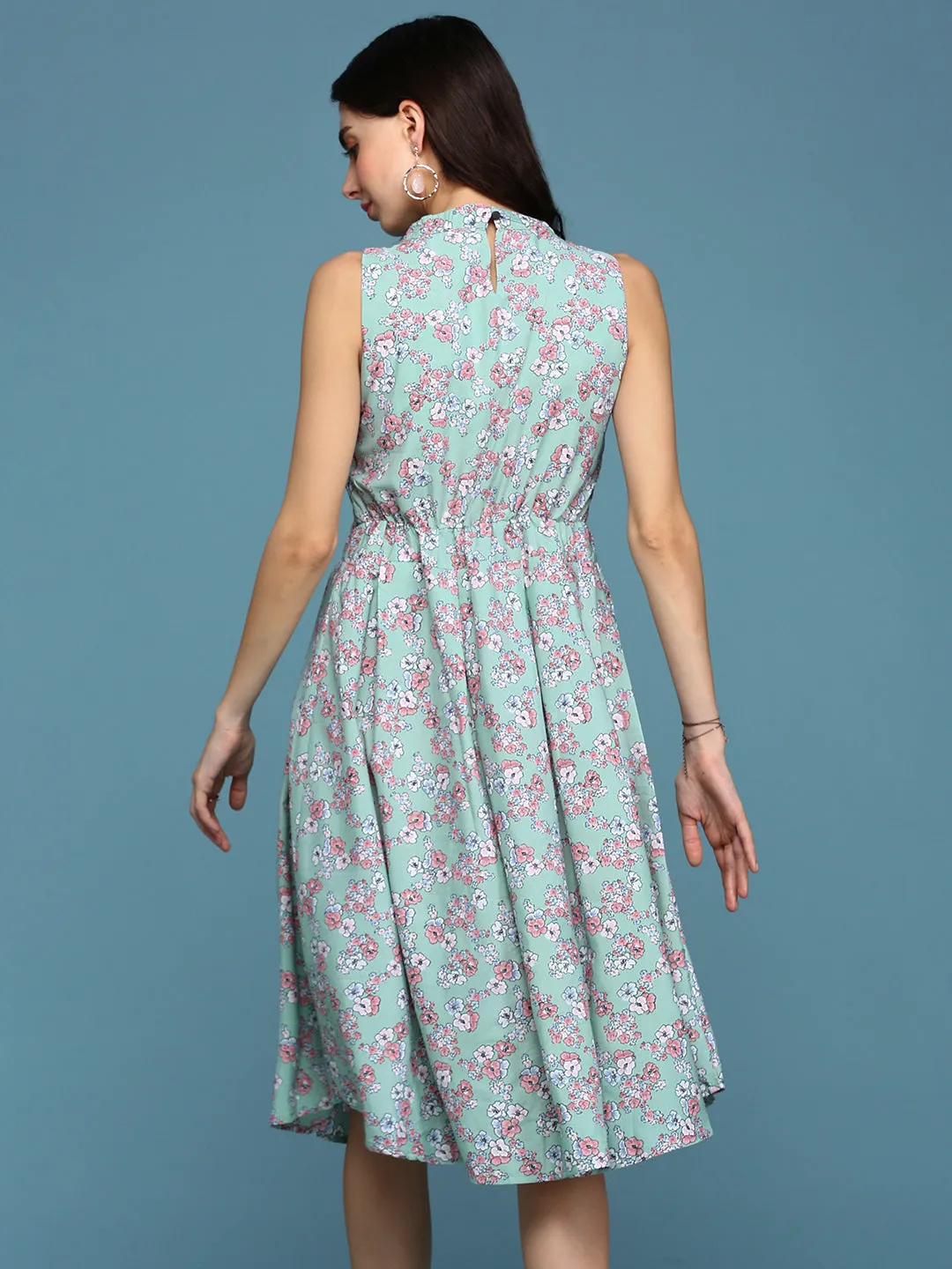 Women's Sea Green Floral Keyhole Neck A-Line Dress Contemporary Look Versatile Touch