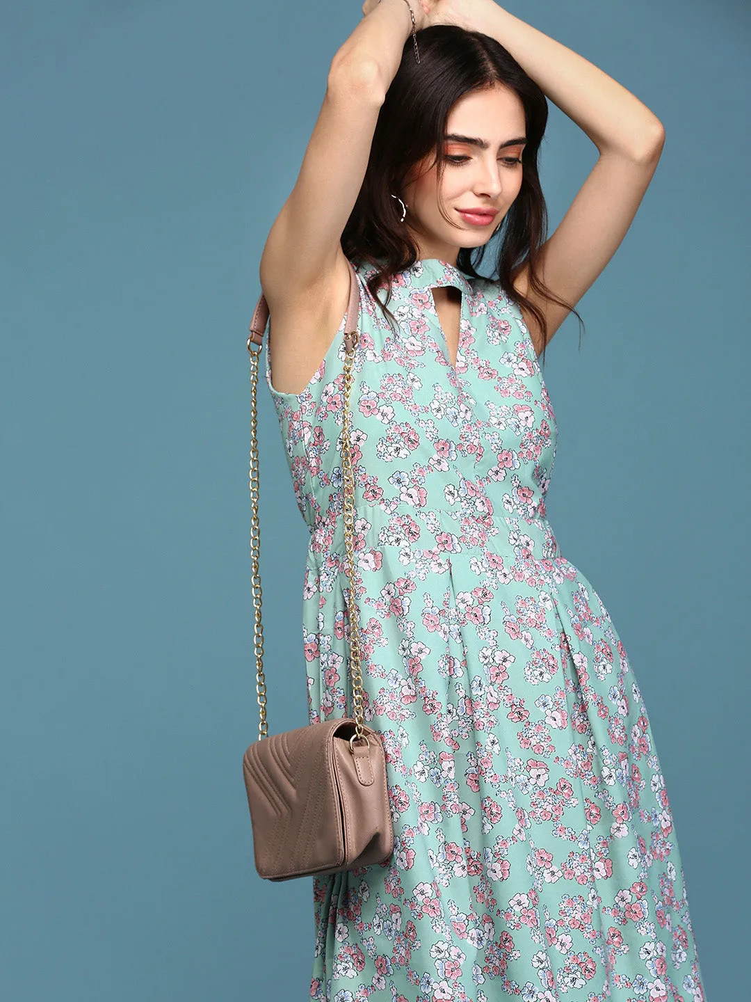 Women's Sea Green Floral Keyhole Neck A-Line Dress Stretch-Recovery Light Mood