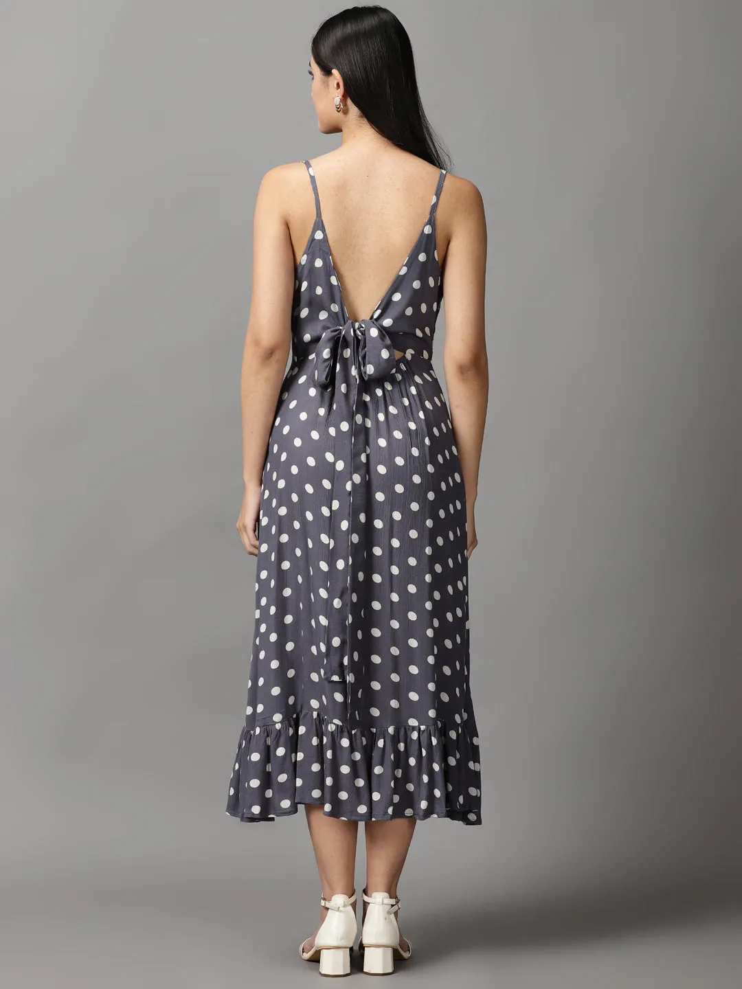 Women's Grey Polka Dots Crepe Fit & Flare Dress Layered Design cut out