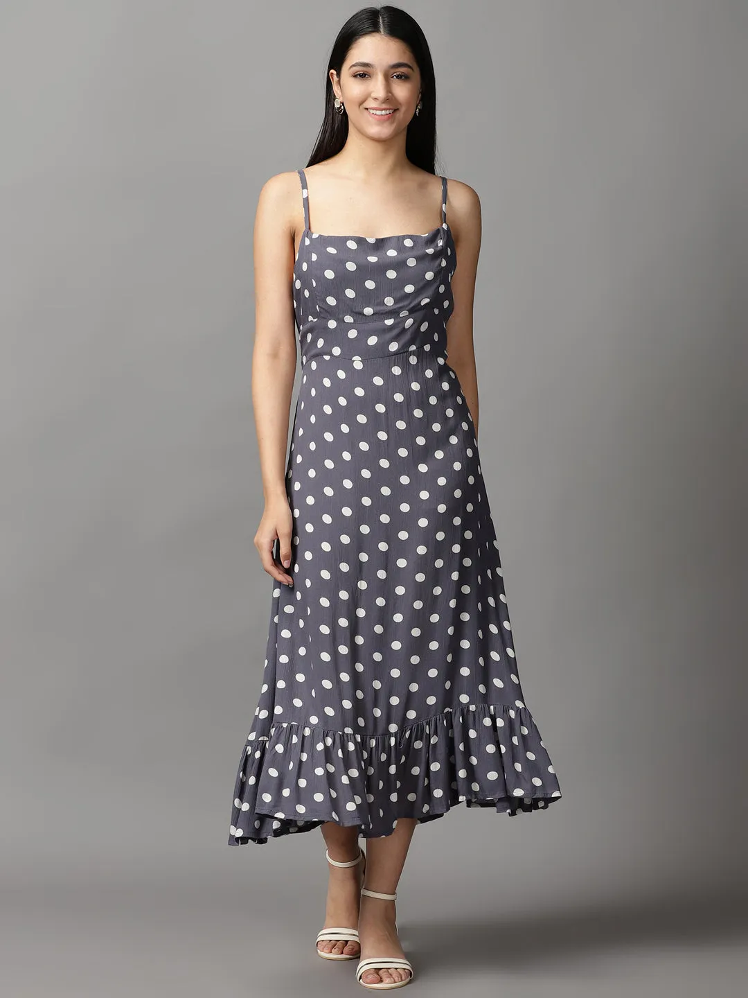 Trend Texture Women's Grey Polka Dots Crepe Fit & Flare Dress