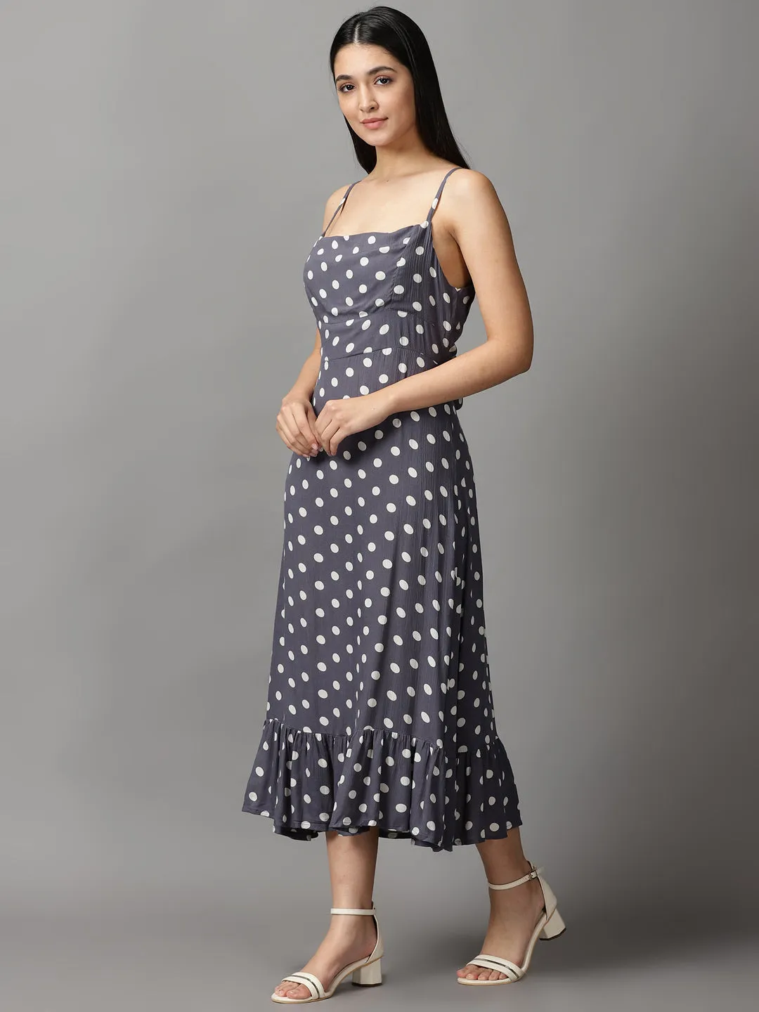 Perfect Day-to-Night Walk Grace Women's Grey Polka Dots Crepe Fit & Flare Dress