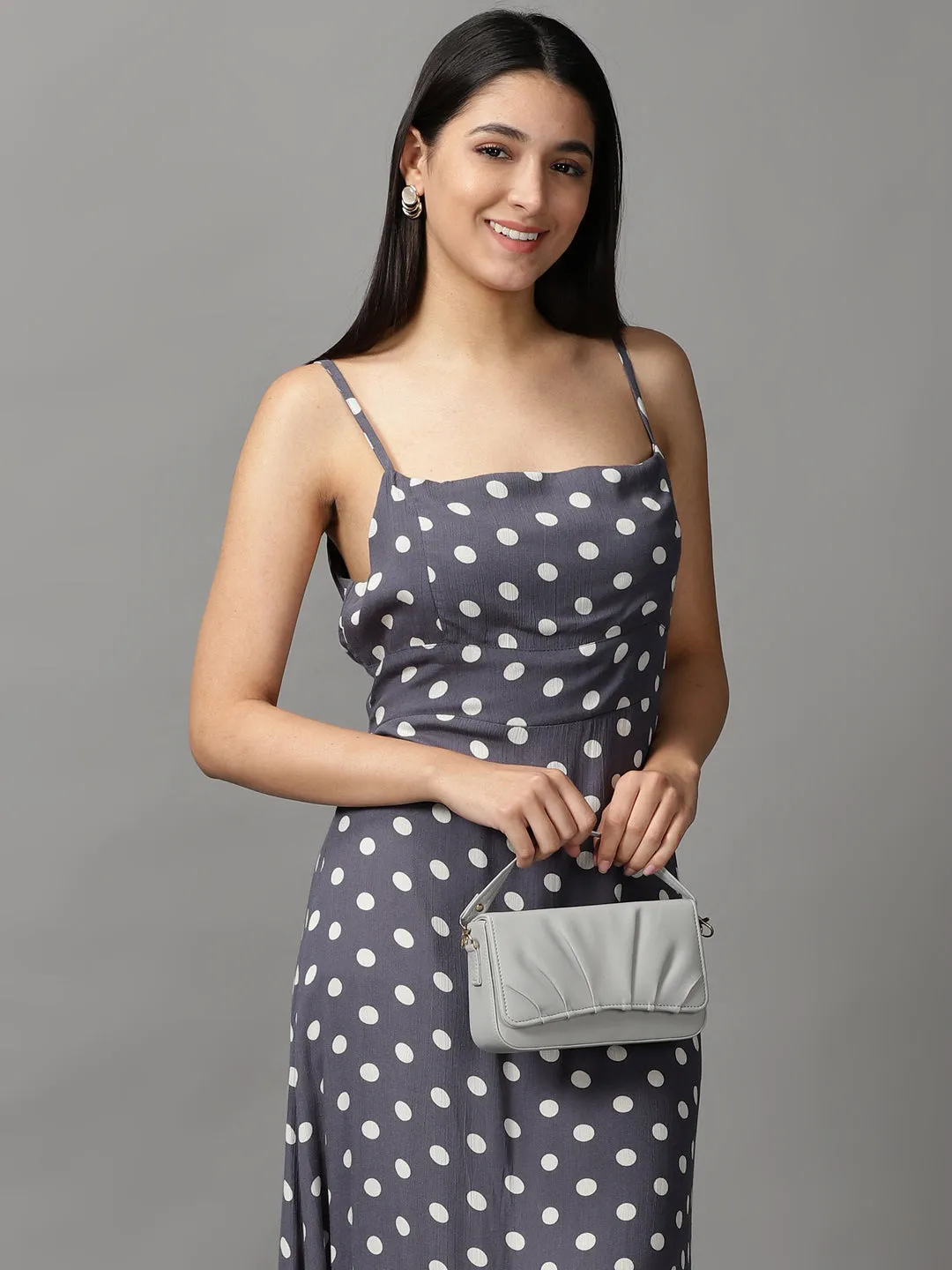 Soft Balance Women's Grey Polka Dots Crepe Fit & Flare Dress