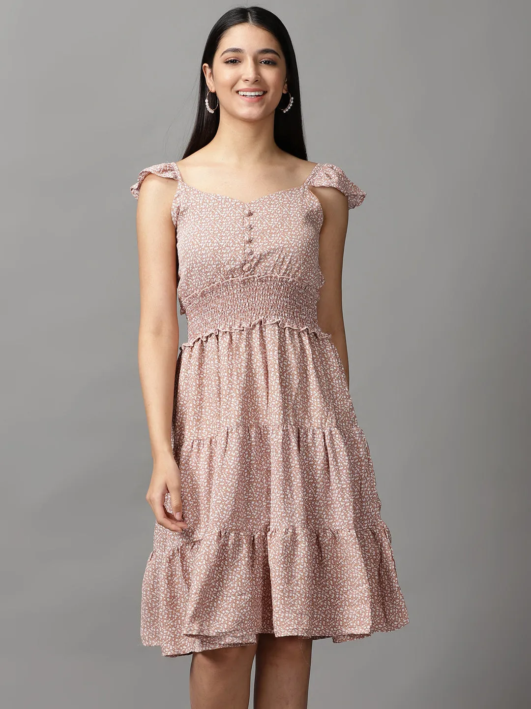 Women's Tan Floral Chiffon Fit & Flare Dress Formed Look MoldResistantTexture