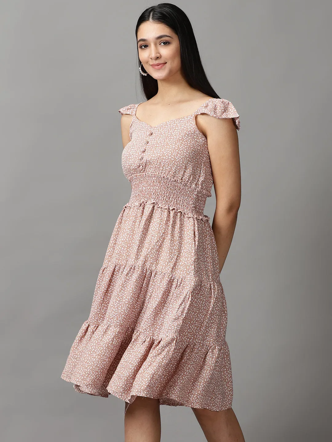 Casual Chic Easy Lovely Women's Tan Floral Chiffon Fit & Flare Dress