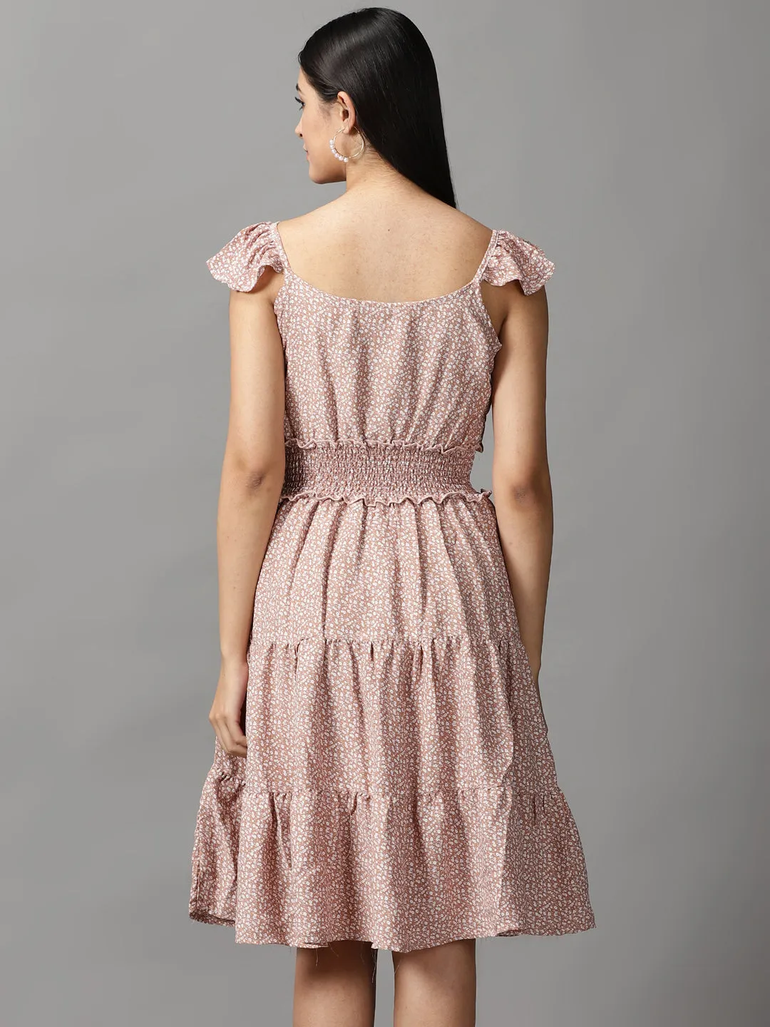 Bohemian style Women's Tan Floral Chiffon Fit & Flare Dress