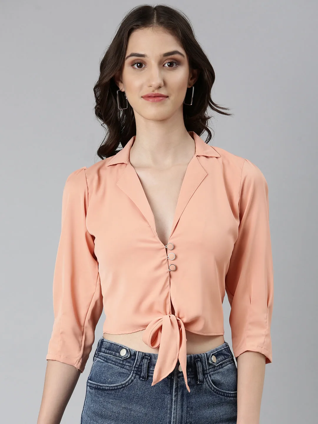 Women's Peach Puff Sleeves Tie-Up Detailed Crepe Crop Top Seasonal Trend