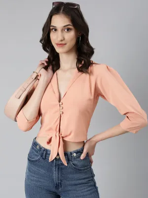 Women's Peach Puff Sleeves Tie-Up Detailed Crepe Crop Top Cozy Stretch Timeless Style