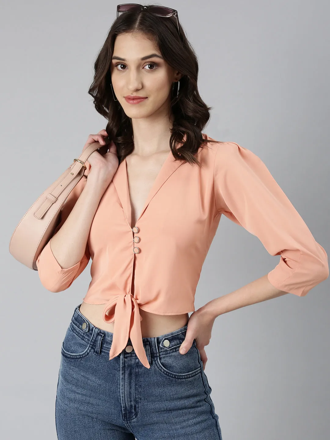 Women's Peach Puff Sleeves Tie-Up Detailed Crepe Crop Top Cozy Stretch Timeless Style